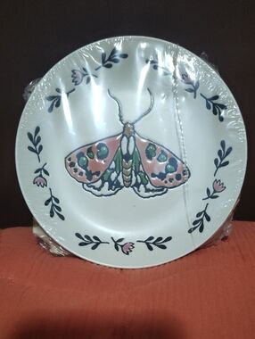 Decorative Four Butterfly Ceramic Plate - Pink, Green, Navy Floral Border